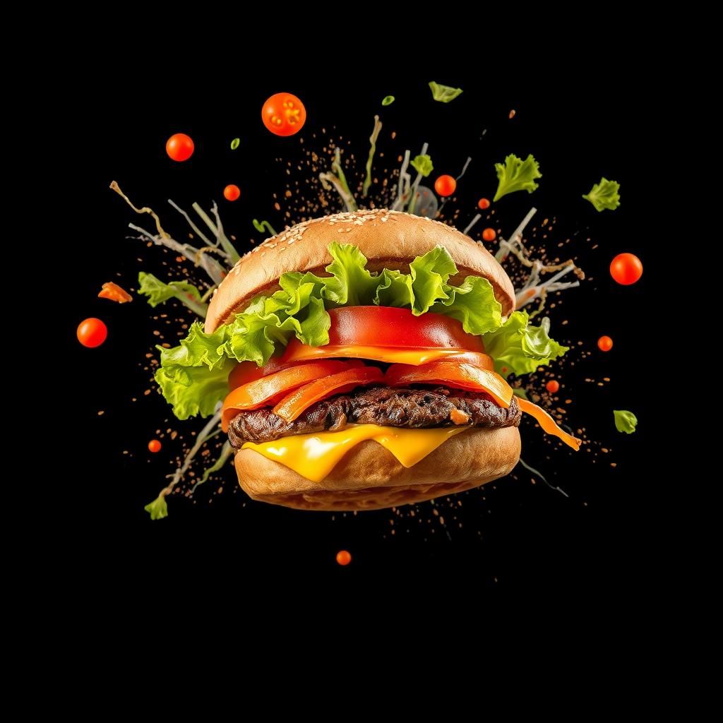 An exploding burger bursting with vibrant vegetables and melted cheese, dramatically set against a black background