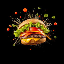 An exploding burger bursting with vibrant vegetables and melted cheese, dramatically set against a black background