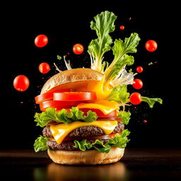 An exploding burger bursting with vibrant vegetables and melted cheese, dramatically set against a black background