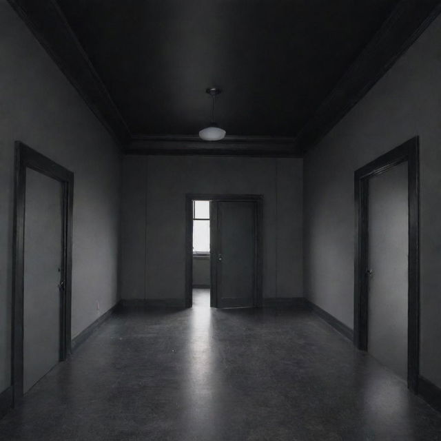 A large room with black doors, black ceiling and floor, and gray walls.