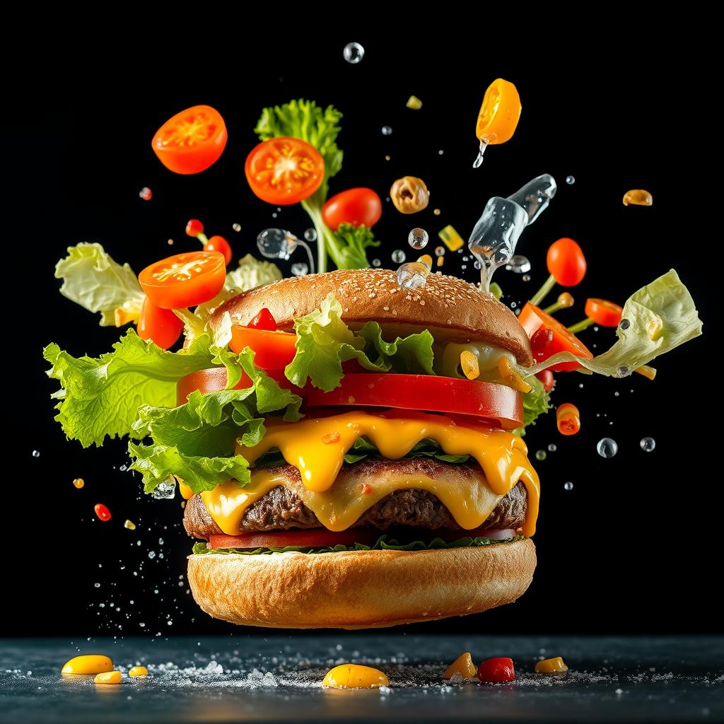 An exploding burger featuring vibrant vegetables and melodious melted cheese against a striking black background