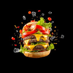 An exploding burger featuring vibrant vegetables and melodious melted cheese against a striking black background