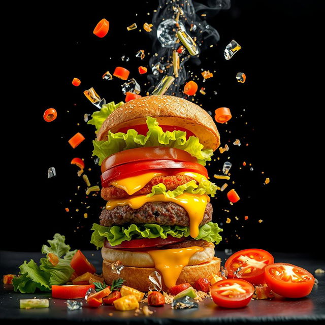 An exploding burger featuring vibrant vegetables and melodious melted cheese against a striking black background