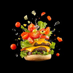 An exploding burger featuring vibrant vegetables and melodious melted cheese against a striking black background