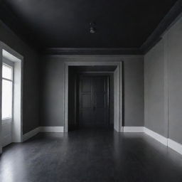 A large room with black doors, black ceiling and floor, and gray walls.