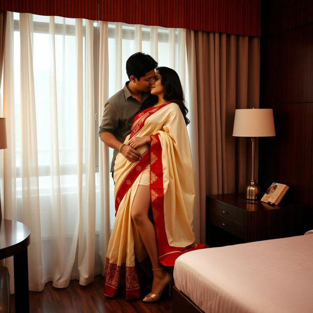 An alluring Indonesian woman with a voluptuous figure, depicted in a sensual moment with her boyfriend in a cozy OYO room