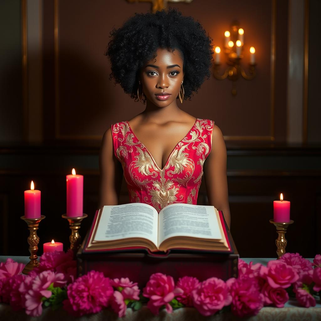 A light-skinned woman with a curly afro, standing elegantly behind an altar