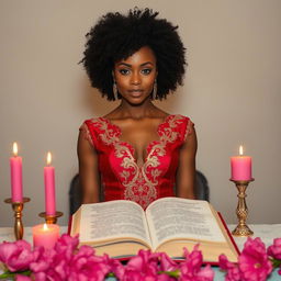 A light-skinned woman with a curly afro, standing elegantly behind an altar