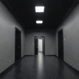 A large room with black doors, black ceiling and floor, and gray walls.