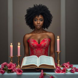 A light-skinned woman with a curly afro, standing elegantly behind an altar