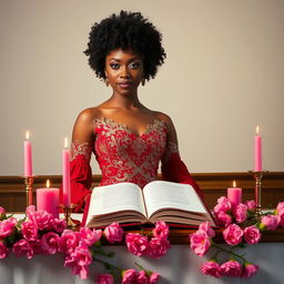 A light-skinned woman with a curly afro, standing elegantly behind an altar