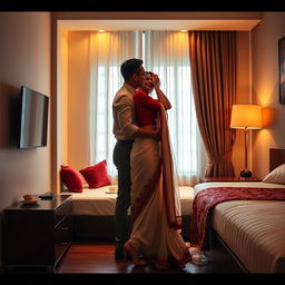 A sultry scene featuring an Indonesian woman with an alluring figure, shown in a passionate encounter with her boyfriend in the privacy of an OYO room