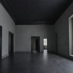 A large room with black doors, black ceiling and floor, and gray walls.