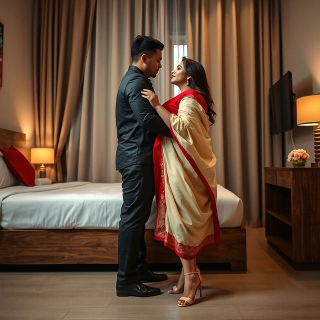 A sensual scene featuring a voluptuous Indonesian woman with a chubby figure, engaged in an intimate moment with her boyfriend within the cozy confines of an OYO room