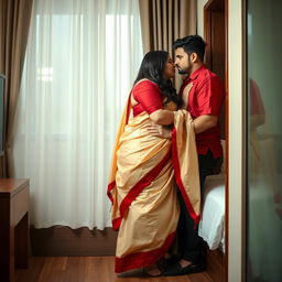 A sensual scene featuring a voluptuous Indonesian woman with a chubby figure, engaged in an intimate moment with her boyfriend within the cozy confines of an OYO room