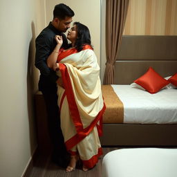 A sensual scene featuring a voluptuous Indonesian woman with a chubby figure, engaged in an intimate moment with her boyfriend within the cozy confines of an OYO room