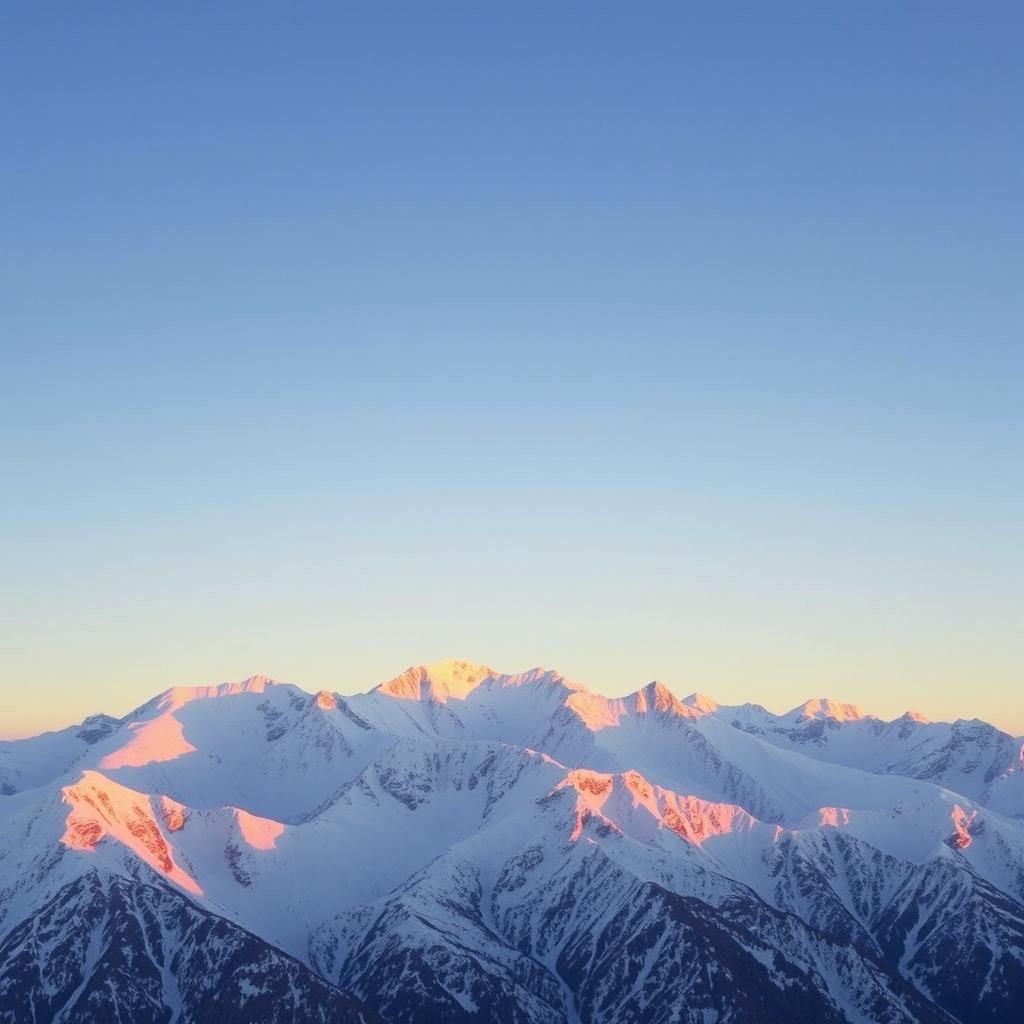 A majestic snowy mountain range under a clear blue sky, with the sun setting on the horizon creating a brilliant display of orange and pink hues reflecting off the snowy peaks