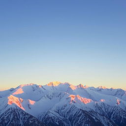 A majestic snowy mountain range under a clear blue sky, with the sun setting on the horizon creating a brilliant display of orange and pink hues reflecting off the snowy peaks