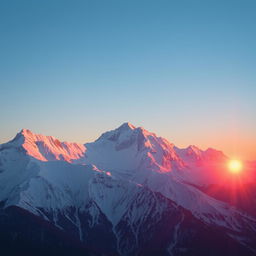 A majestic snowy mountain range under a clear blue sky, with the sun setting on the horizon creating a brilliant display of orange and pink hues reflecting off the snowy peaks