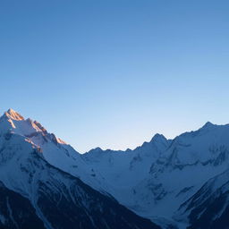 A majestic snowy mountain range under a clear blue sky, with the sun setting on the horizon creating a brilliant display of orange and pink hues reflecting off the snowy peaks