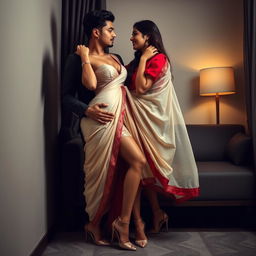 A captivating Indonesian woman with an enticing physique, featured in a romantic encounter with her boyfriend within the intimate atmosphere of an OYO room