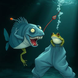 An underwater scene featuring an anglerfish character named Uncle Vitya, wearing a white sleeveless undershirt (tank top) and baggy, stretched-out blue sweatpants