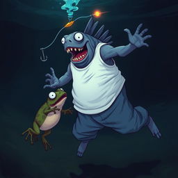 An underwater scene featuring an anglerfish character named Uncle Vitya, wearing a white sleeveless undershirt (tank top) and baggy, stretched-out blue sweatpants