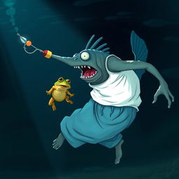 An underwater scene featuring an anglerfish character named Uncle Vitya, wearing a white sleeveless undershirt (tank top) and baggy, stretched-out blue sweatpants