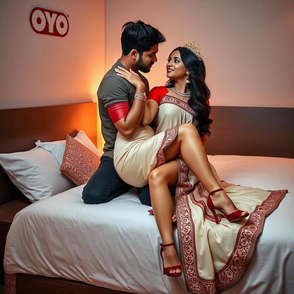 An enchanting Indonesian woman with an alluring physique, intimately captivated by her boyfriend in the cozy setting of an OYO room