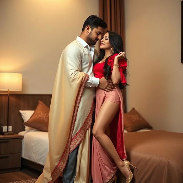 An enchanting Indonesian woman with an alluring physique, intimately captivated by her boyfriend in the cozy setting of an OYO room