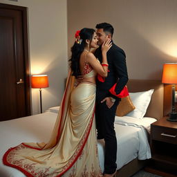 An enchanting Indonesian woman with an alluring physique, intimately captivated by her boyfriend in the cozy setting of an OYO room