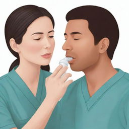 A detailed illustration of a medical professional administering emergency respiratory aid or rescue breathing to a patient.