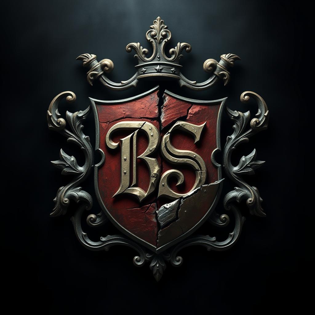 A detailed portrait of a broken crest with the initials 'BS' prominently displayed within it