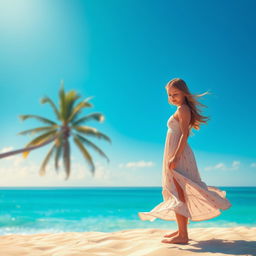 A beautiful girl in a summer dress standing on a sandy beach, with a turquoise sea and gently swaying palm trees in the background