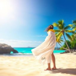 A beautiful girl in a summer dress standing on a sandy beach, with a turquoise sea and gently swaying palm trees in the background