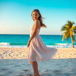 A beautiful girl in a summer dress standing on a sandy beach, with a turquoise sea and gently swaying palm trees in the background