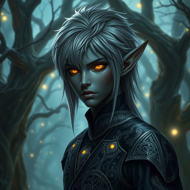 A dark elf with striking gray hair and glowing yellow eyes