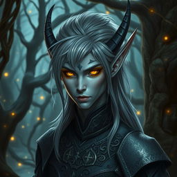 A dark elf with striking gray hair and glowing yellow eyes