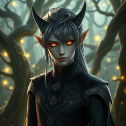 A dark elf with striking gray hair and glowing yellow eyes