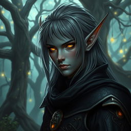 A dark elf with striking gray hair and glowing yellow eyes