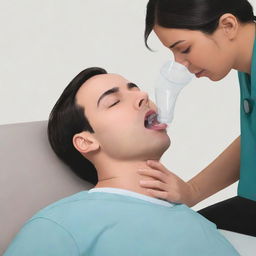 A detailed illustration of a medical professional administering emergency respiratory aid or rescue breathing to a patient.