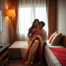 An enchanting, sensuous Indonesian woman with a captivating figure is enjoying an intimate moment with her boyfriend in a cozy OYO room