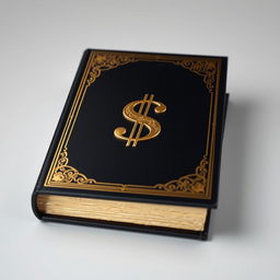 A luxurious book with a black and gold cover, featuring a prominent money symbol at its center