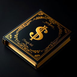 A luxurious book with a black and gold cover, featuring a prominent money symbol at its center