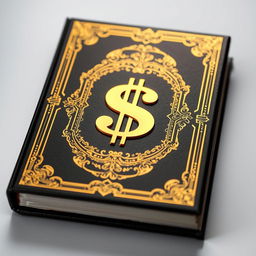 A luxurious book with a black and gold cover, featuring a prominent money symbol at its center