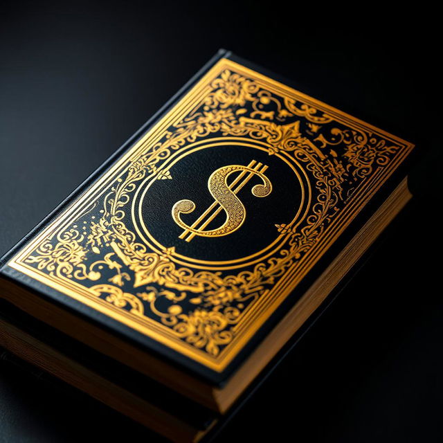 A luxurious book with a black and gold cover, featuring a prominent money symbol at its center