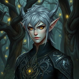 A male dark elf with distinctive gray hair and captivating yellow eyes