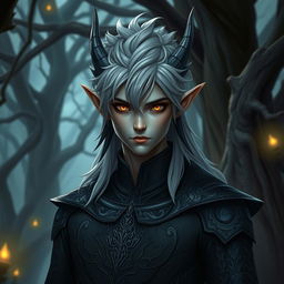 A male dark elf with distinctive gray hair and captivating yellow eyes