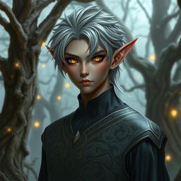 A male dark elf with distinctive gray hair and captivating yellow eyes