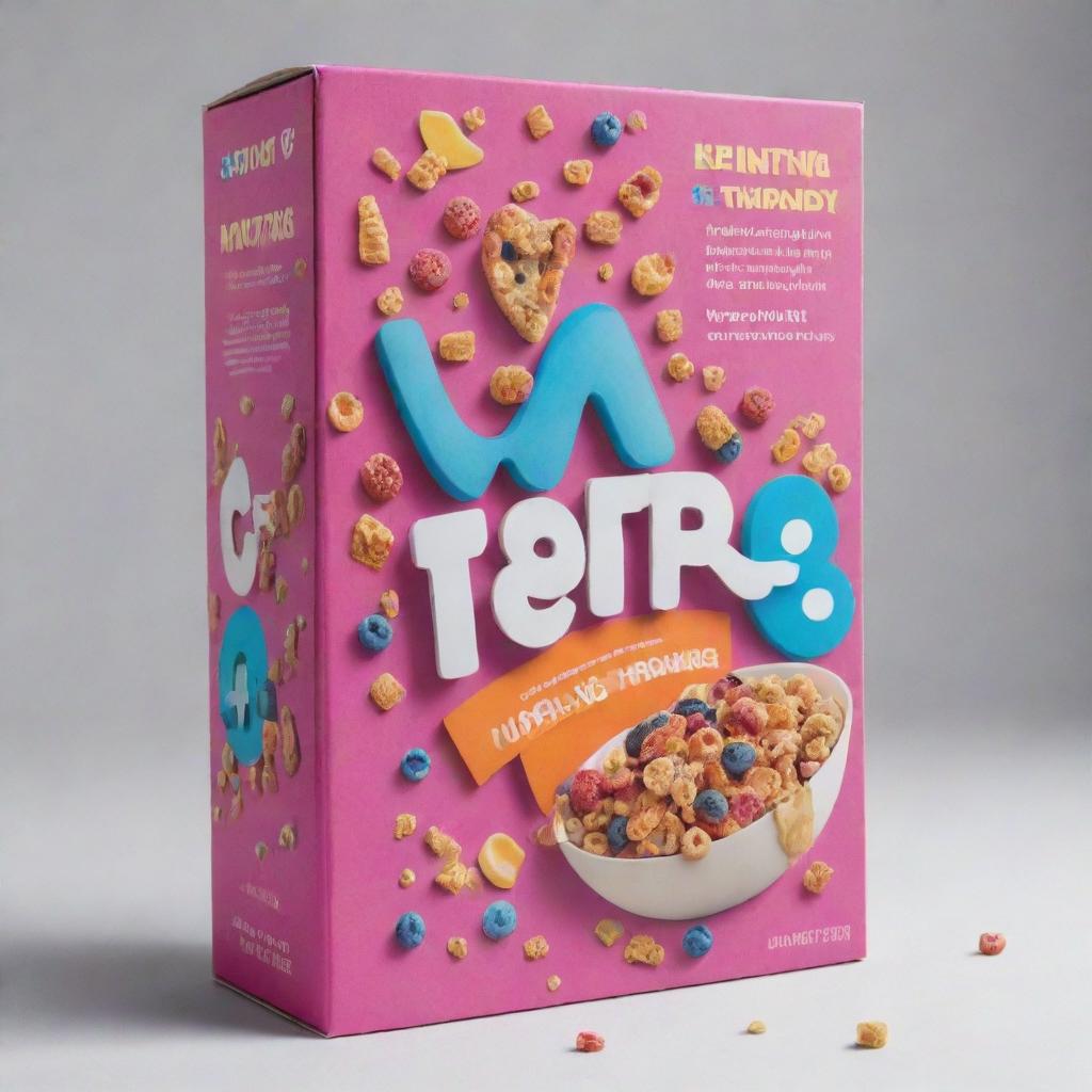 A vibrant cereal box named 'Marketing 4.0', showcasing symbols and images that represent modern marketing concepts like customer engagement, digital technology, personalization, and data analysis.